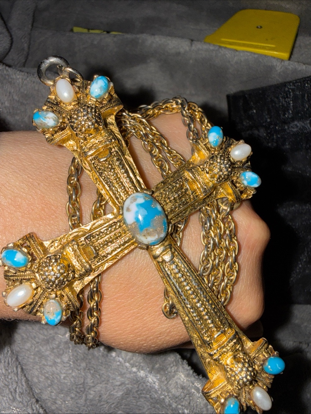 Gold-Tone Cross Pendant Necklace with Turquoise & Pearl Accents - Picture 4 of 5